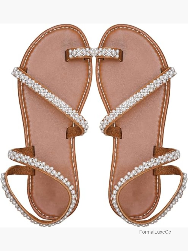 Pearl Strappy Flat Sandals With Ankle Strap & Toe Ring